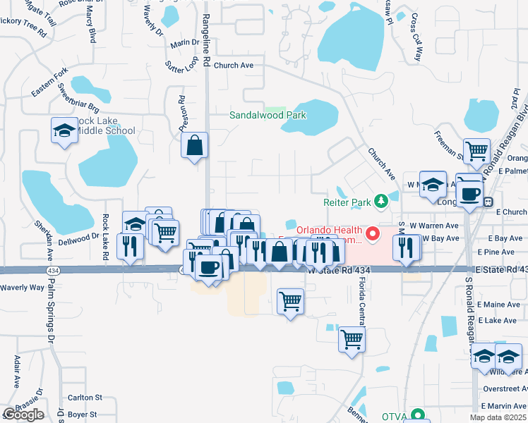 map of restaurants, bars, coffee shops, grocery stores, and more near 1006 Burlwood Court in Longwood
