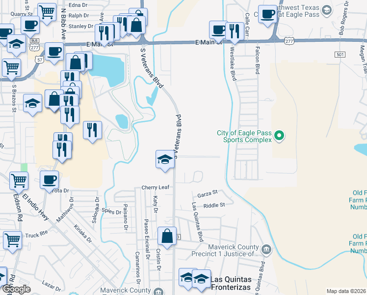 map of restaurants, bars, coffee shops, grocery stores, and more near 1412 South Veterans Boulevard in Eagle Pass
