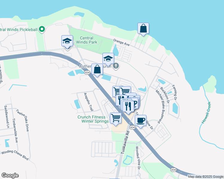 map of restaurants, bars, coffee shops, grocery stores, and more near 150 Bear Springs Drive in Winter Springs