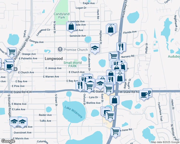 map of restaurants, bars, coffee shops, grocery stores, and more near 804 East Church Avenue in Longwood