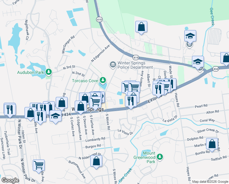 map of restaurants, bars, coffee shops, grocery stores, and more near 130 Rhoden Lane in Winter Springs