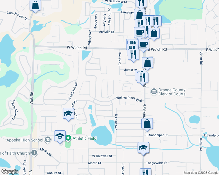 map of restaurants, bars, coffee shops, grocery stores, and more near 1255 Wyndham Pine Drive in Apopka