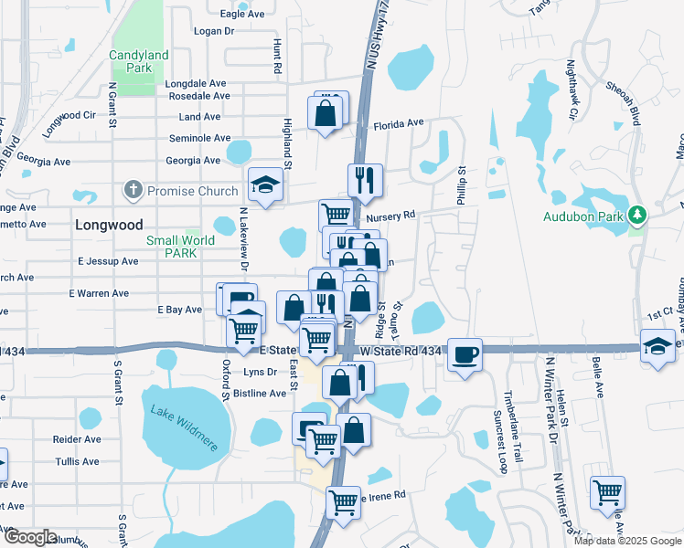 map of restaurants, bars, coffee shops, grocery stores, and more near 306 U.S. 92 in Longwood