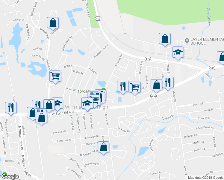 map of restaurants, bars, coffee shops, grocery stores, and more near 124 Rhoden Lane in Winter Springs