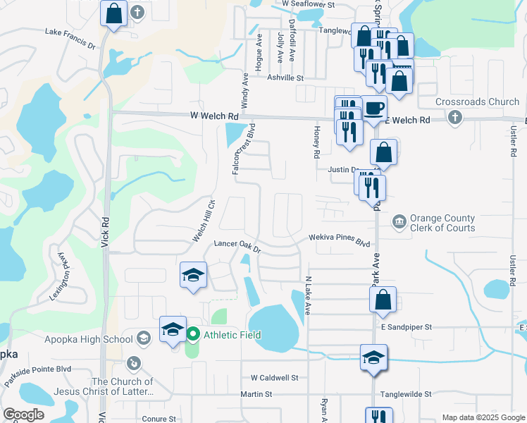 map of restaurants, bars, coffee shops, grocery stores, and more near 1249 Falconcrest Boulevard in Apopka