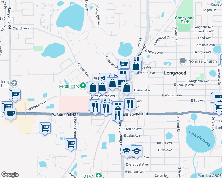 map of restaurants, bars, coffee shops, grocery stores, and more near 141 West Church Avenue in Longwood