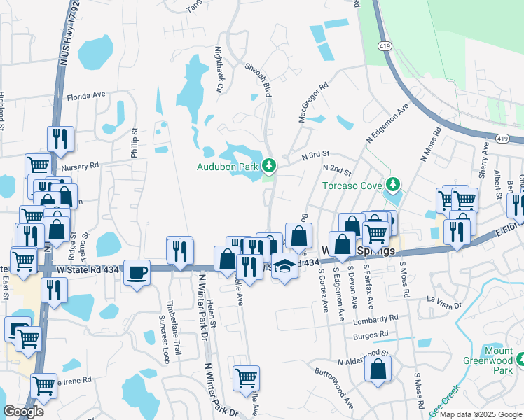 map of restaurants, bars, coffee shops, grocery stores, and more near 200 Highlands Glen Circle in Winter Springs