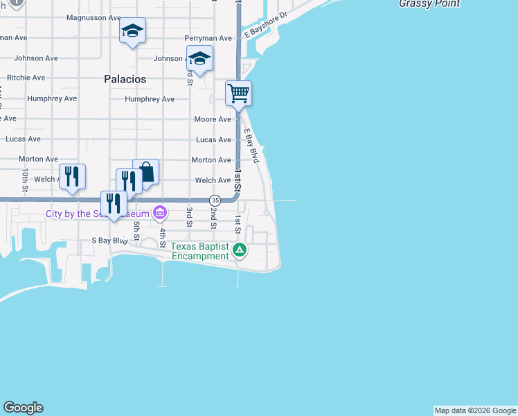 map of restaurants, bars, coffee shops, grocery stores, and more near 689 East Bay Boulevard in Palacios