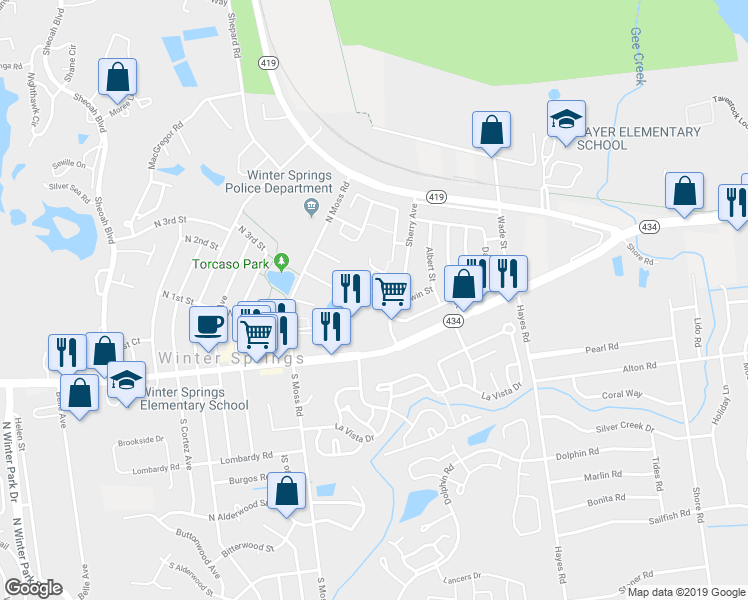 map of restaurants, bars, coffee shops, grocery stores, and more near 340 San Miguel Street in Winter Springs