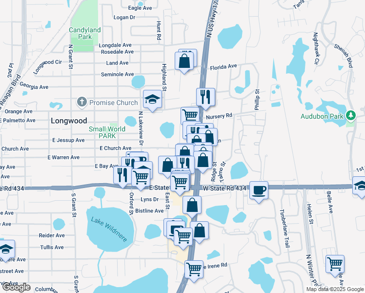 map of restaurants, bars, coffee shops, grocery stores, and more near 901 East Church Avenue in Longwood