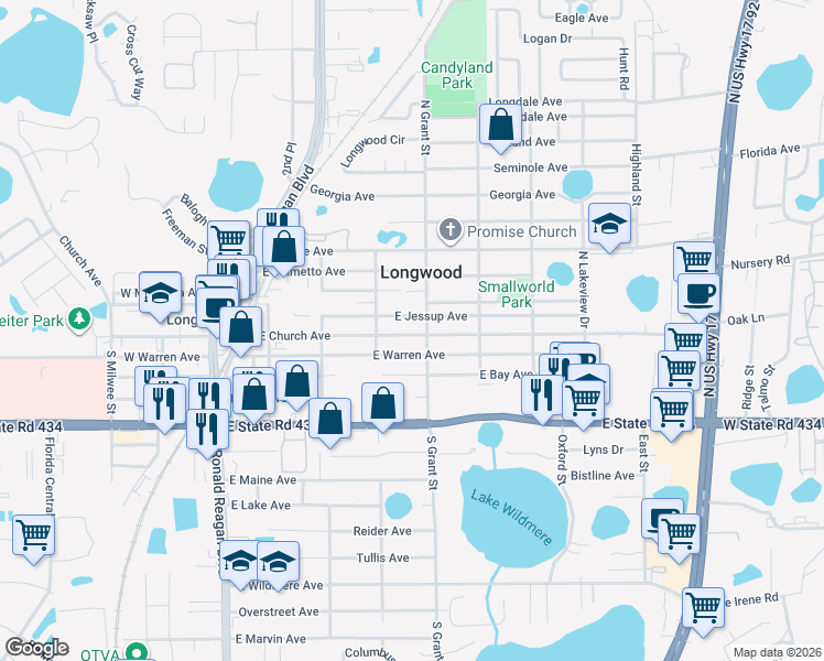 map of restaurants, bars, coffee shops, grocery stores, and more near 480 East Church Avenue in Longwood