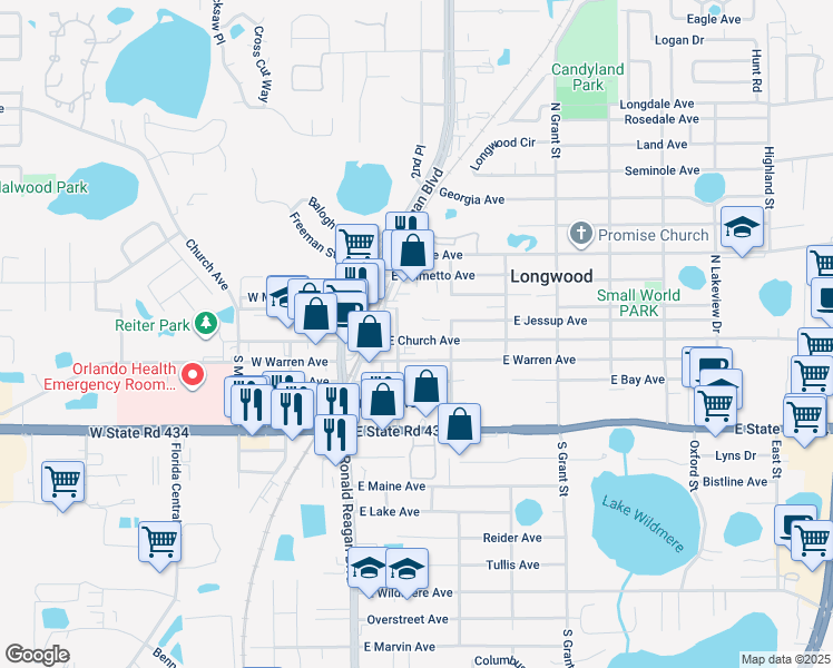 map of restaurants, bars, coffee shops, grocery stores, and more near 233 East Church Avenue in Longwood