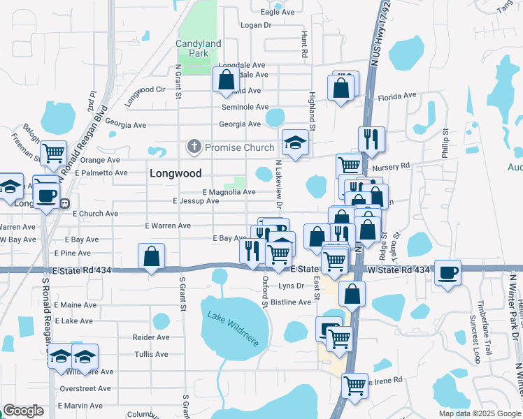 map of restaurants, bars, coffee shops, grocery stores, and more near 735 East Church Avenue in Longwood