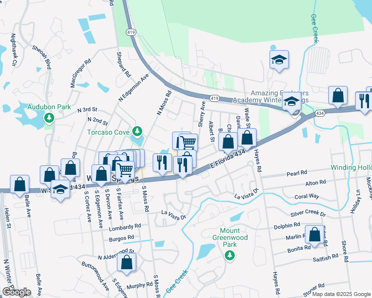 map of restaurants, bars, coffee shops, grocery stores, and more near 344 San Miguel Street in Winter Springs