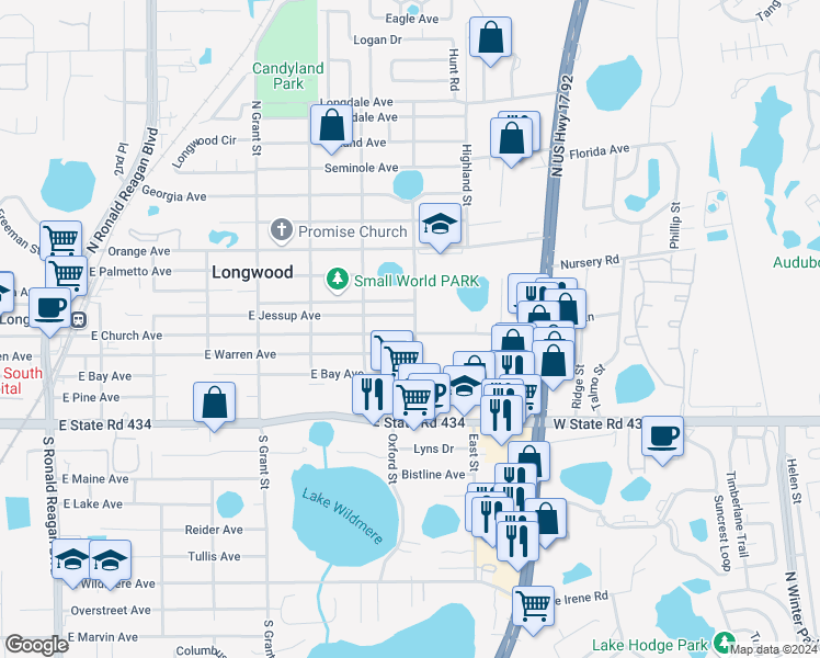 map of restaurants, bars, coffee shops, grocery stores, and more near 807 East Church Avenue in Longwood