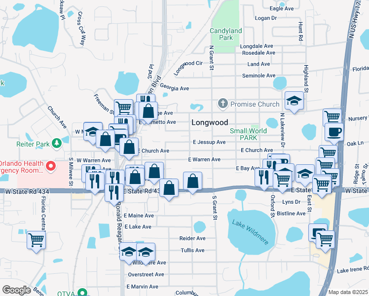 map of restaurants, bars, coffee shops, grocery stores, and more near 381 East Church Avenue in Longwood