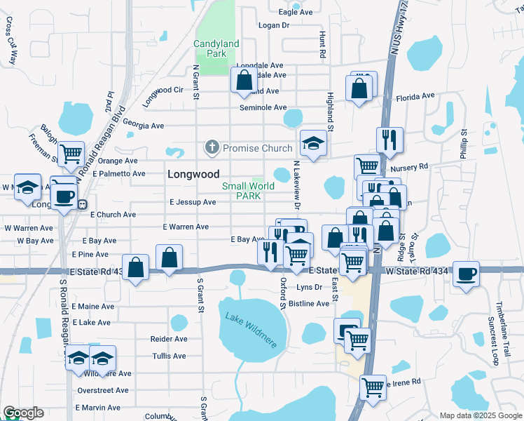 map of restaurants, bars, coffee shops, grocery stores, and more near 665 East Church Avenue in Longwood