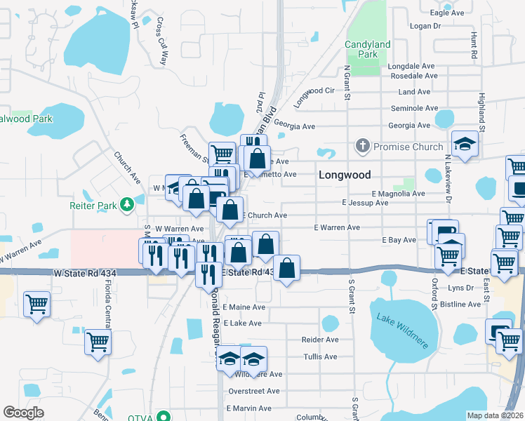 map of restaurants, bars, coffee shops, grocery stores, and more near 233 East Church Avenue in Longwood