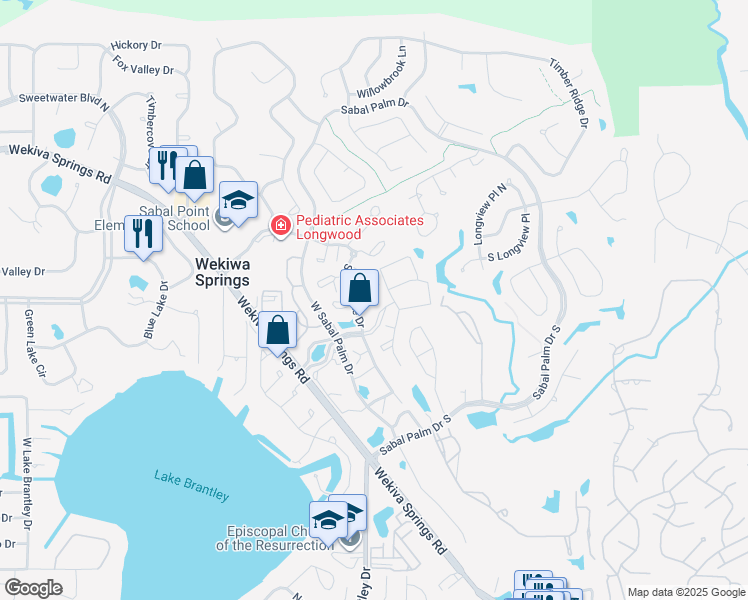 map of restaurants, bars, coffee shops, grocery stores, and more near 513 Sabal Lake Drive in Wekiwa Springs