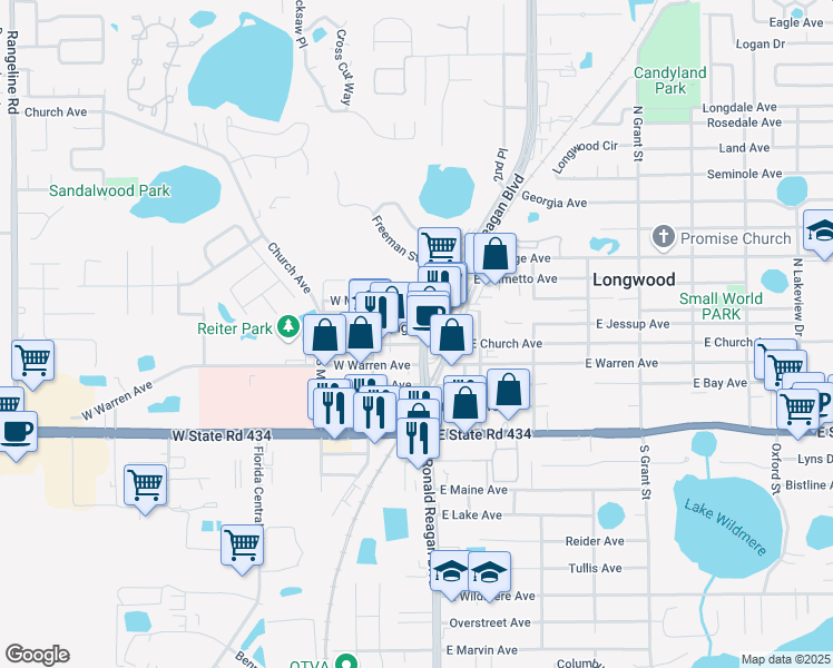 map of restaurants, bars, coffee shops, grocery stores, and more near 101 West Church Avenue in Longwood