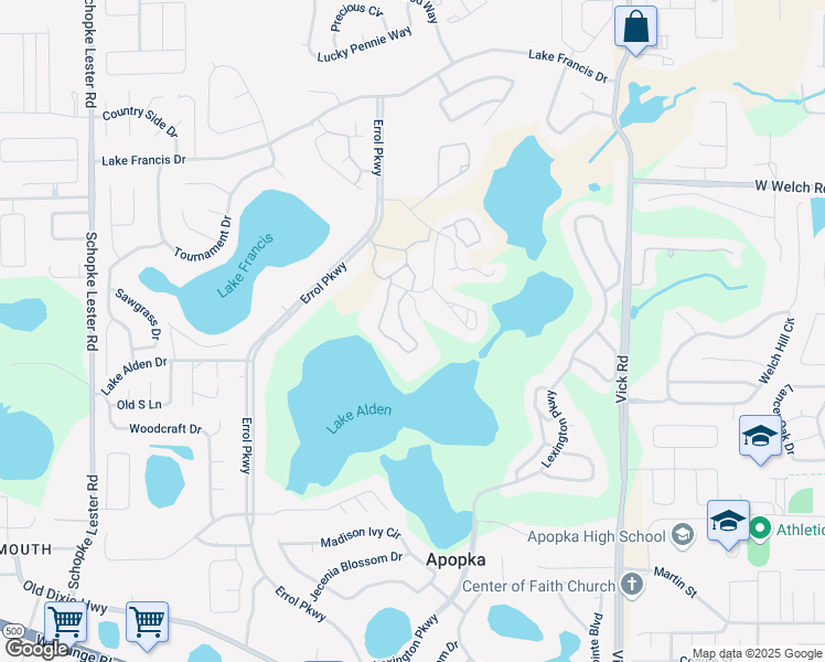 map of restaurants, bars, coffee shops, grocery stores, and more near 1361 Villa Lane in Apopka