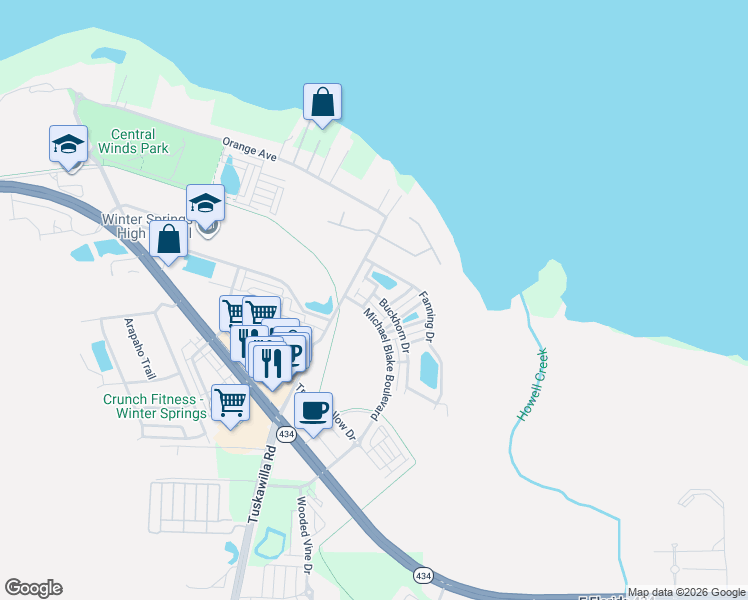 map of restaurants, bars, coffee shops, grocery stores, and more near 531 Buckhorn Drive in Winter Springs