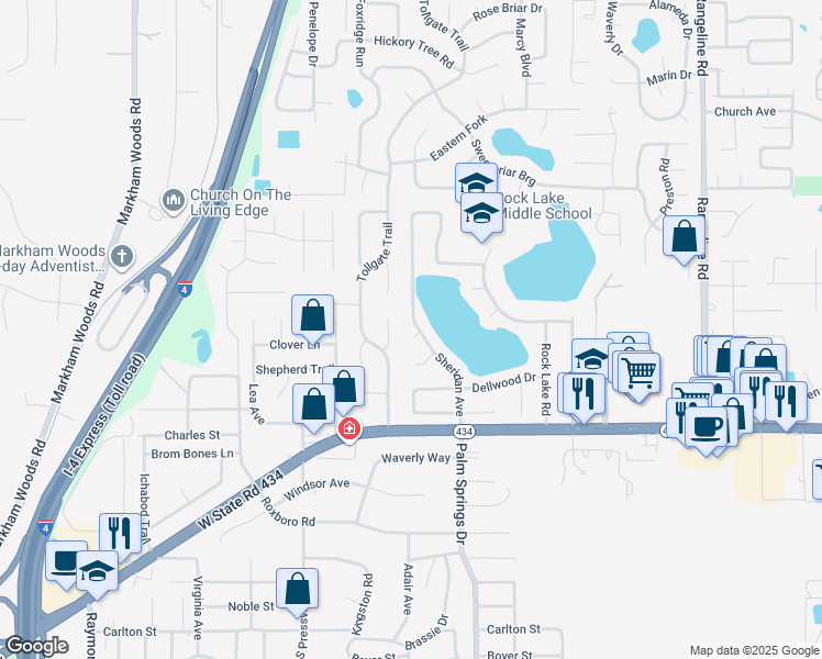 map of restaurants, bars, coffee shops, grocery stores, and more near 143 Sheridan Way in Longwood