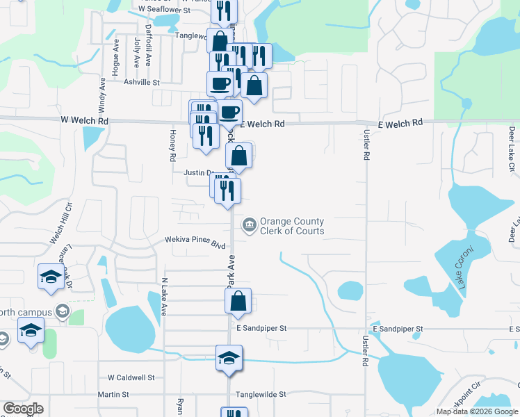 map of restaurants, bars, coffee shops, grocery stores, and more near 1233 Rock Springs Road in Apopka