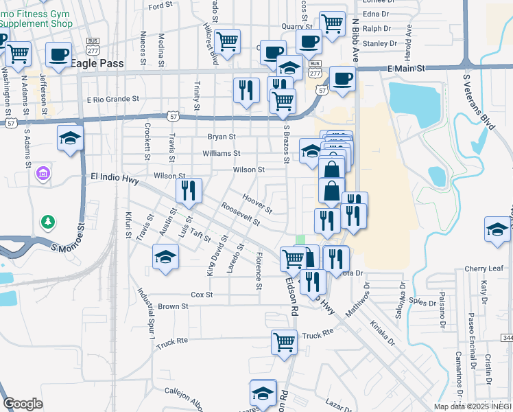 map of restaurants, bars, coffee shops, grocery stores, and more near 1890 Hoover Street in Eagle Pass