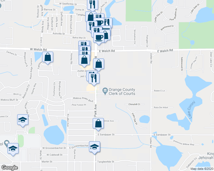 map of restaurants, bars, coffee shops, grocery stores, and more near 1233 Rock Springs Road in Apopka