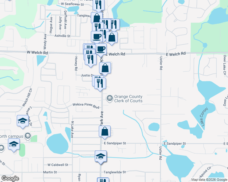 map of restaurants, bars, coffee shops, grocery stores, and more near 1233 Rock Springs Road in Apopka