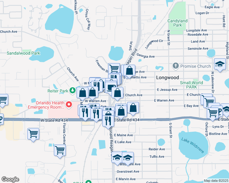 map of restaurants, bars, coffee shops, grocery stores, and more near 101 West Church Avenue in Longwood