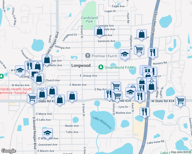 map of restaurants, bars, coffee shops, grocery stores, and more near 153 North Credo Street in Longwood
