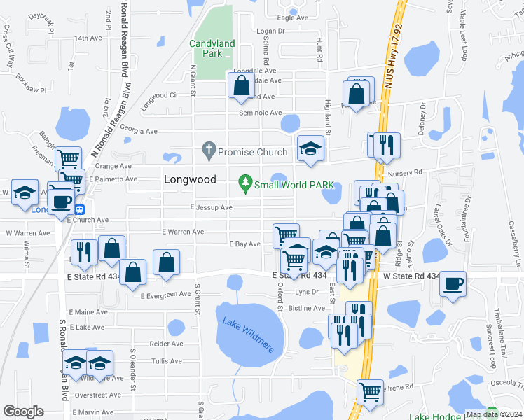 map of restaurants, bars, coffee shops, grocery stores, and more near 143 North Wayman Street in Longwood