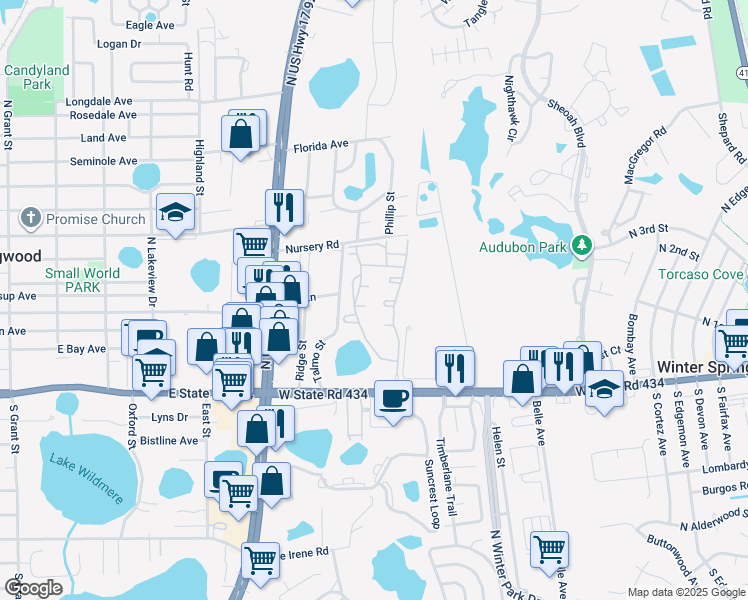 map of restaurants, bars, coffee shops, grocery stores, and more near 5 Sycamore Court in Winter Springs