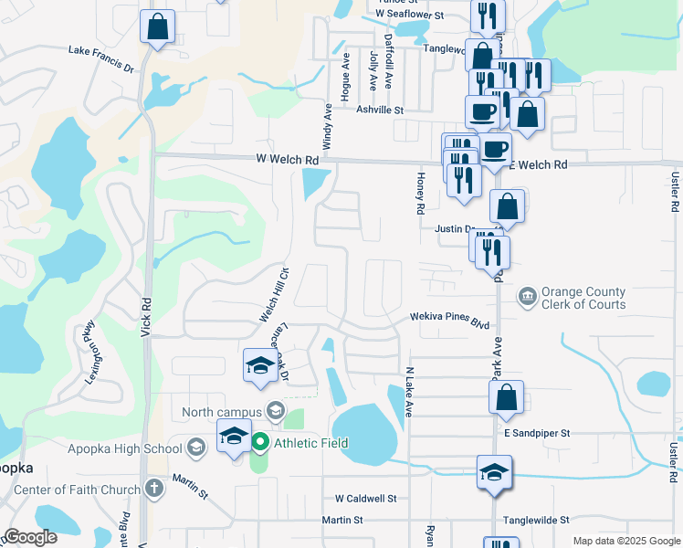map of restaurants, bars, coffee shops, grocery stores, and more near 1249 Falconcrest Boulevard in Apopka