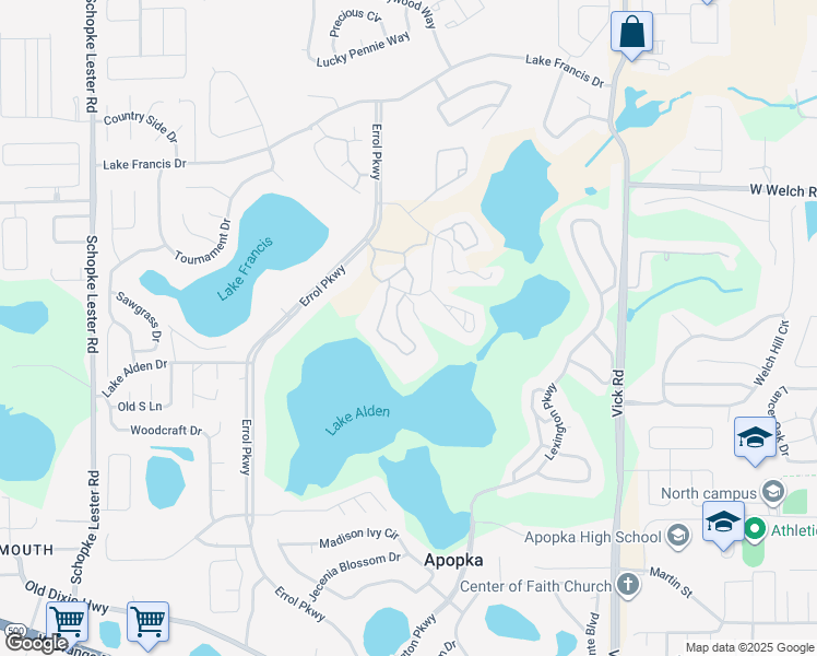 map of restaurants, bars, coffee shops, grocery stores, and more near 1361 Villa Lane in Apopka