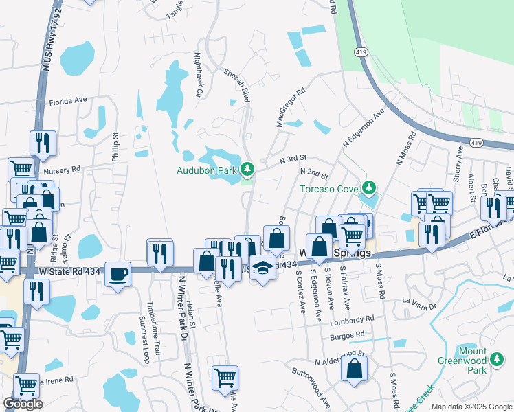 map of restaurants, bars, coffee shops, grocery stores, and more near 200 Highlands Glen Circle in Winter Springs