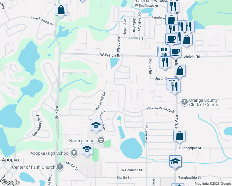 map of restaurants, bars, coffee shops, grocery stores, and more near 1162 Osprey Way in Apopka