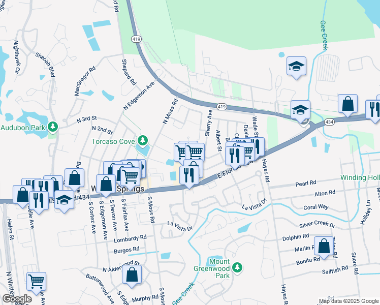 map of restaurants, bars, coffee shops, grocery stores, and more near 335 San Miguel Street in Winter Springs