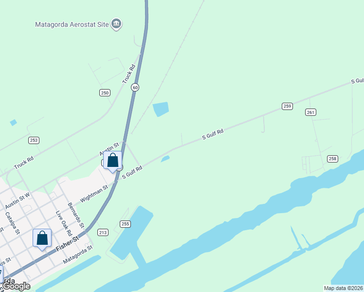 map of restaurants, bars, coffee shops, grocery stores, and more near 405 County Road 259 in Matagorda