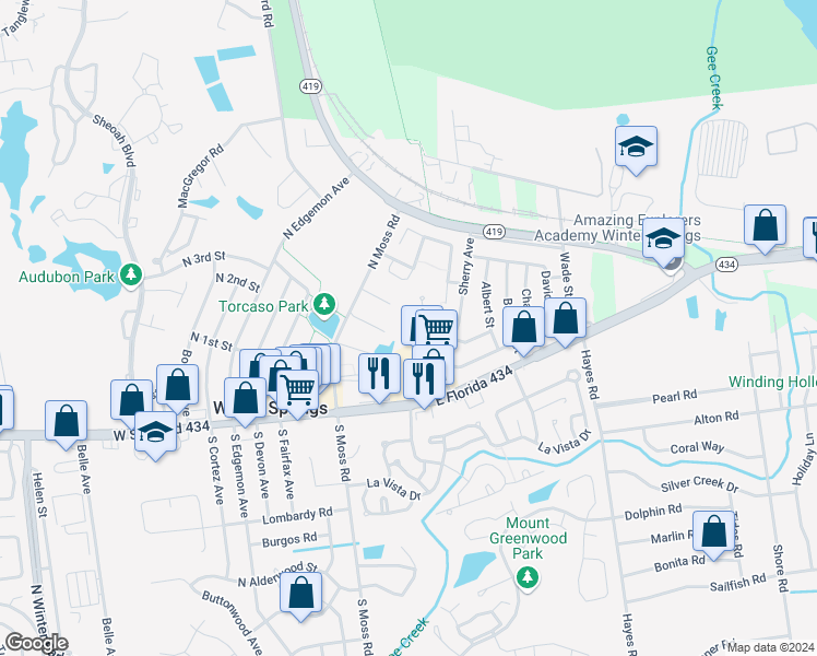 map of restaurants, bars, coffee shops, grocery stores, and more near 311 San Miguel Street in Winter Springs