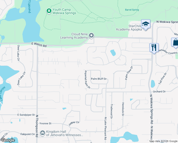 map of restaurants, bars, coffee shops, grocery stores, and more near 1285 Palm Bluff Drive in Apopka