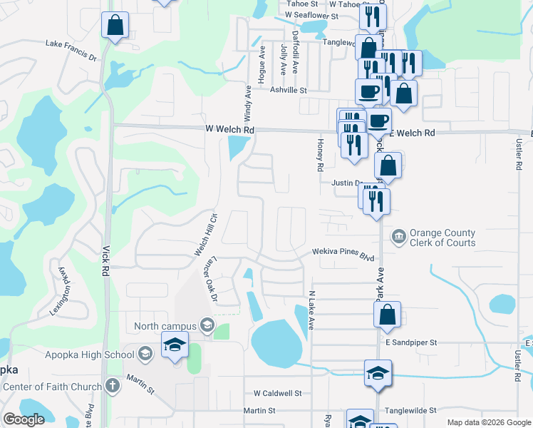 map of restaurants, bars, coffee shops, grocery stores, and more near 1249 Falconcrest Boulevard in Apopka