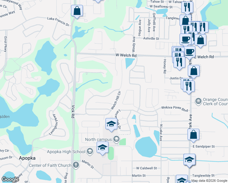 map of restaurants, bars, coffee shops, grocery stores, and more near 1163 Welch Hill Circle in Apopka