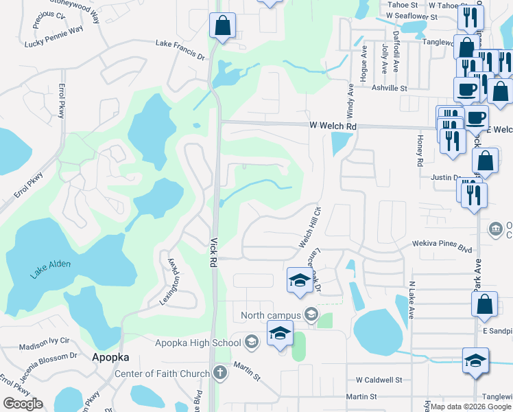 map of restaurants, bars, coffee shops, grocery stores, and more near 1092 Welch Hill Circle in Apopka