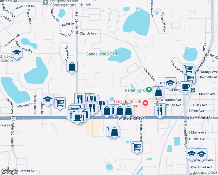 map of restaurants, bars, coffee shops, grocery stores, and more near 108 Silver Cluster Court South in Longwood