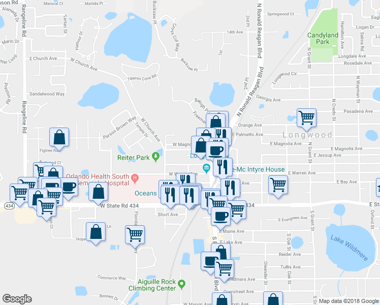 map of restaurants, bars, coffee shops, grocery stores, and more near 191 West Jessup Avenue in Longwood