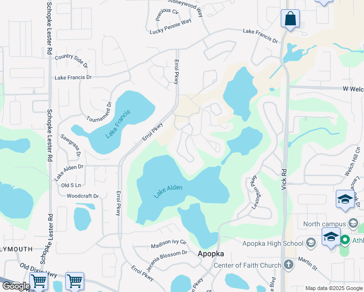 map of restaurants, bars, coffee shops, grocery stores, and more near 1327 Villa Lane in Apopka