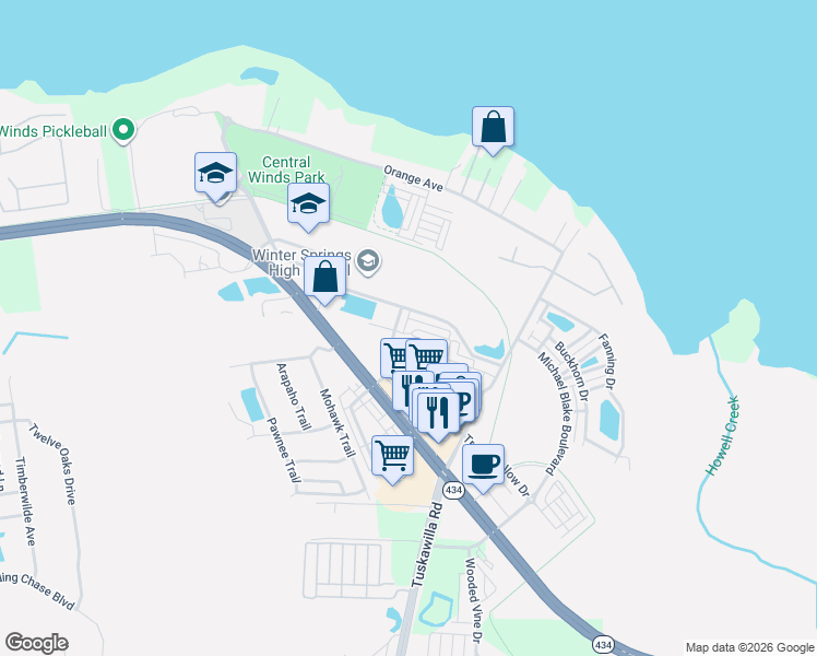map of restaurants, bars, coffee shops, grocery stores, and more near 141 Bear Springs Drive in Winter Springs